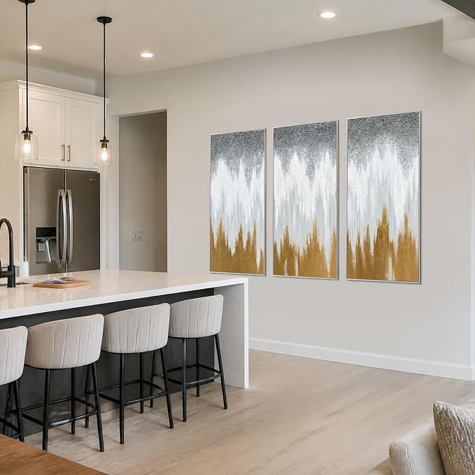 SAFERRYHOME Abstract Hand Painted Wall Art, Gold White Gray, 20"x40"x3 | 3D Textured Framed Canvas Wall Decor, Modern Golden Painting Minimalist Geometric Artwork for Home Office Living Room Hallway