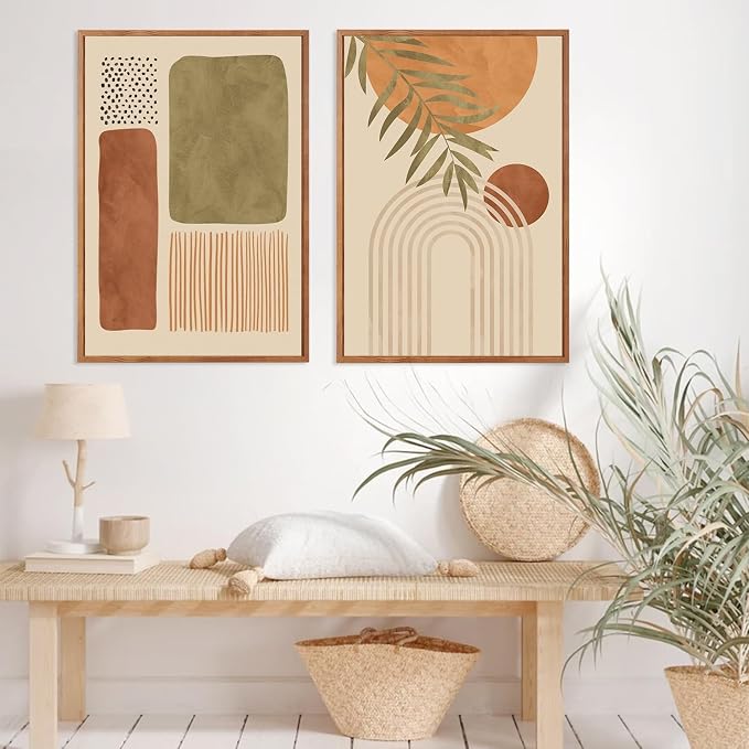 LHIUEM Boho Abstract Sage Framed Canvas Wall Art,Bohemian Neutral Wall Decor,Mid Century Beige Painting,Natural Minimalist Line Artwork for Living Room,Bedroom,Dining Room -24"x36"x3