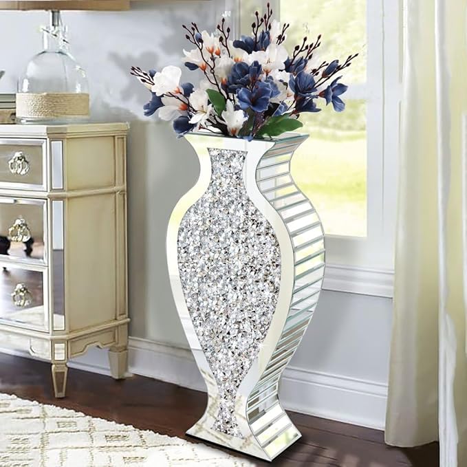 Allartonly Tall Floor Vase S Crushed Diamond Mirrored Vase 27” Tall, Crystal Silver Glass Decorative Mirror Large Vase Luxury for Home Decor Flower Arrangement Can’t Hold Water.