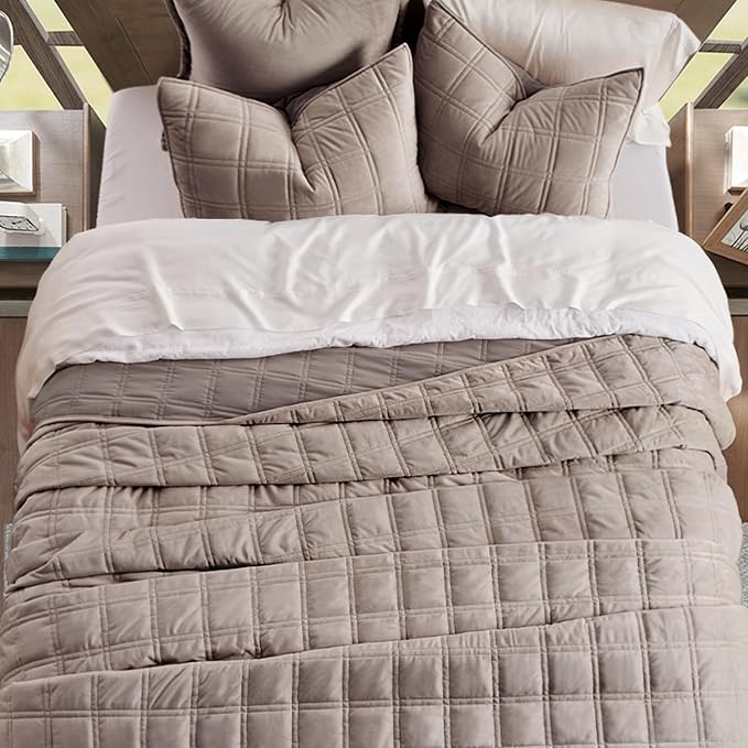 EverGrace 3 Pieces Luxurious Velvet Quilt Queen Size, Ultra Soft Bedspread Coverlet Set, Double Box Stitch Lightweight Velvet Comforter for All Season with 2 Shams, Truffle Taupe, 92"x96"
