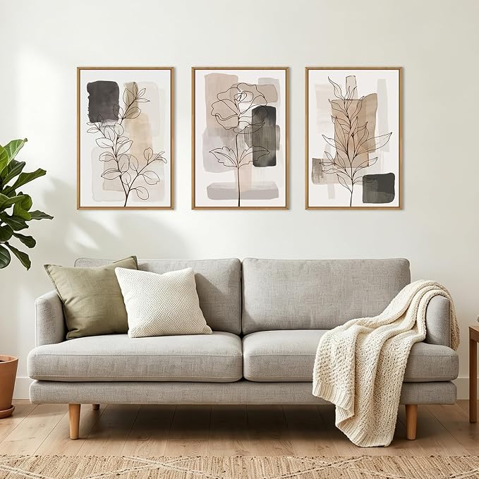 Anyzal Extra Large Neutral Floral Framed Wall Art 24x36 Inch Tan Modern botanical Canvas Wall Decor Minimalist Black Flower Prints for Living room Bedroom Dining room Set of 3