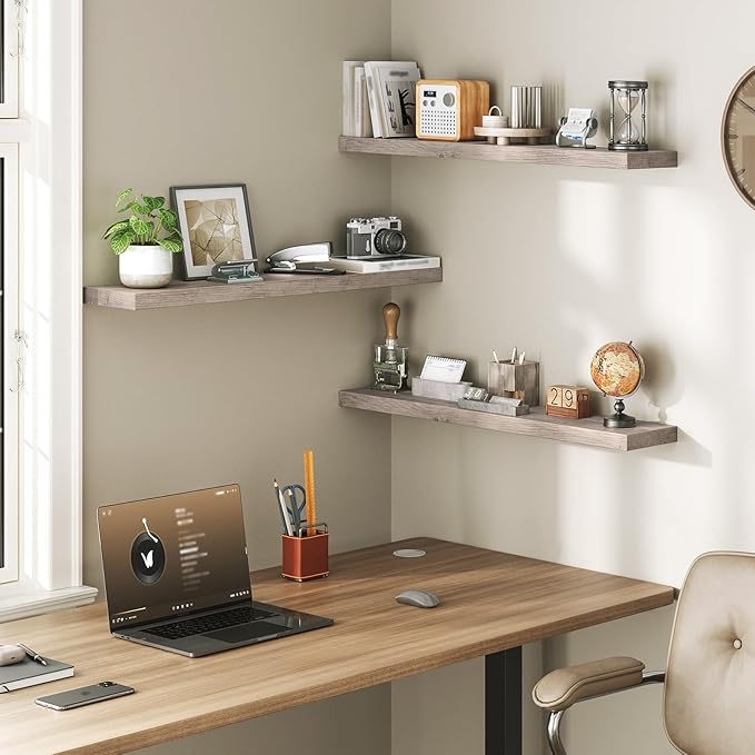 RALGEND Floating Shelves for Wall, 1.5" Thick Wall Shelf Set of 3 with Invisible Brackets, L31.5 x W7.9 Hanging Book Shelves Farmhouse Home Decor for Bathroom, Living Room, Bedroom, Greige 8301BJP3BG