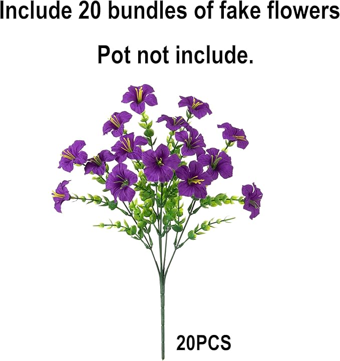 Artificial Flowers for Outdoors Fake Plants Outside Decoration, 20 Bundles Purple Silk Petunia with Eucalyptus UV Resistant Realistic Faux Flowers for Outdoor Planters Garden Balcony Yard Porch Patio