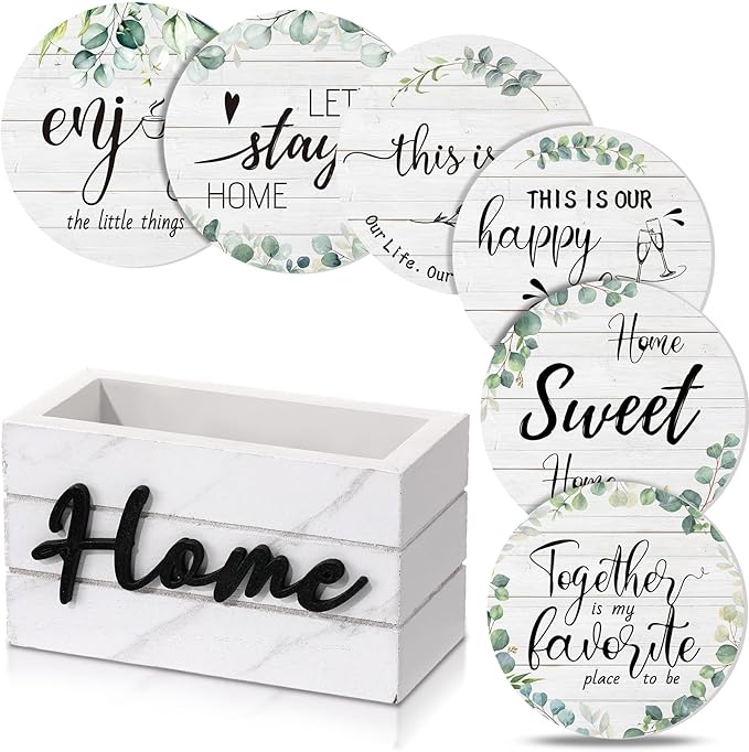Queekay Coasters Set of 6 House Warming Gifts New Home Wooden Farmhouse Drink Coasters with Holder 4'' Funny Decoration for Kitchen Family Coffee Bar Tabletop Protection(Eucalyptus Leaf Color)