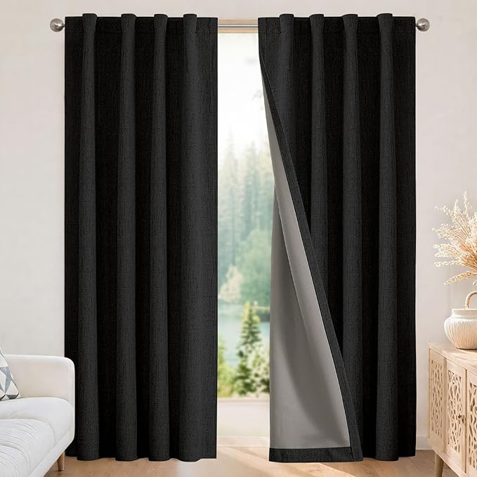 Joydeco Blackout Curtains for Bedroom - 100% Light Blocking 2 Panels Set Black Drapes 37" W x 84" L, Thermal Insulated Room Darkening Curtains, Linen Textured for Living Room, Rod Pocket & Back Tabs