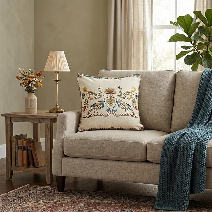 patdrea Vintage Linen Throw Pillow Cover,18"x18",Set of 2-Wensel C | RusticDecorative Pillow Case,Bird and Floral Pattern,Cushion Coverfor Couch Living Room Bedroom Sofa