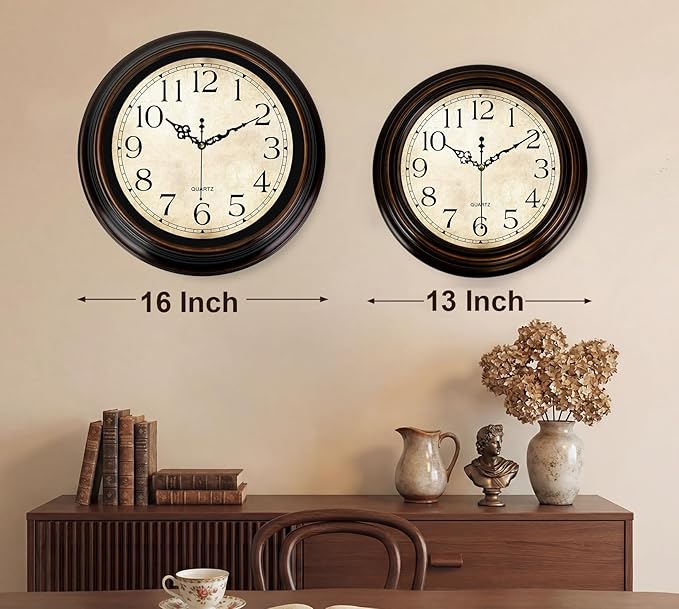 Vintage Wall Clock 16 Inch Quartz Silent Non-Ticking Analog Clock Battery Operated Rustic Round Decorative Clock for Living Room Kitchen Home Office Classroom