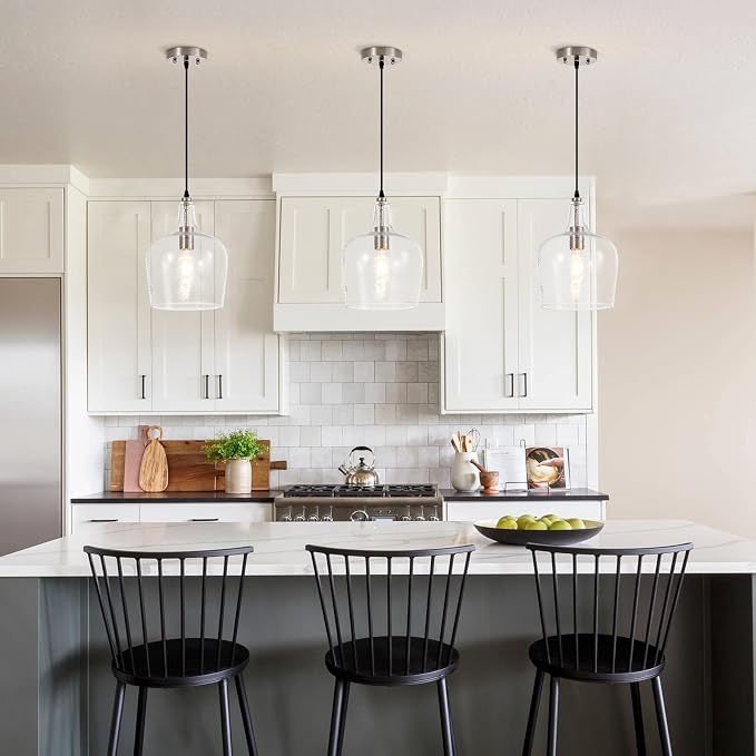Large Hammered Glass Pendant Light Modern Brushed Nicklel 1 Light Single Dome Pendant Lighting Fixtures for Kitchen Island Dining Room Hallway, Dia 10 Inch, UL Listed