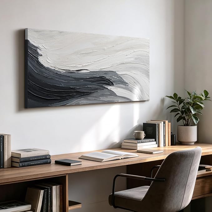 Modern Minimalist Black & White Ocean Wall Art, Large Abstract Wall Decor | Hand-Painted Oil Painting Canvas Artwork for Living Room Bedroom Office, Original Horizontal Coastal Wall Art Home Decor Gift