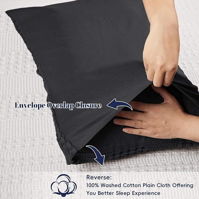 PHF 100% Cotton Waffle Pillow Shams Queen Size, 2 Pack 20" x 30" Soft Skin-Friendly Pillowcases, No Filling, Aesthetic Woven and Breathable Waffle Weave Pillow Case Covers for Bed, Black