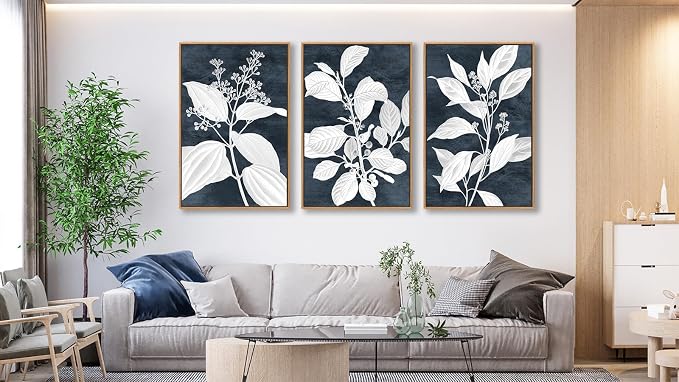 Large Botanical Wall Art for Living Room Natural Wood Float Framed Art Set of 3 White Plant Canvas Pictures Minimalist Artwork Indigo Canvas Prints for Bedroom Home Office Wall Decor 32"X48"X3