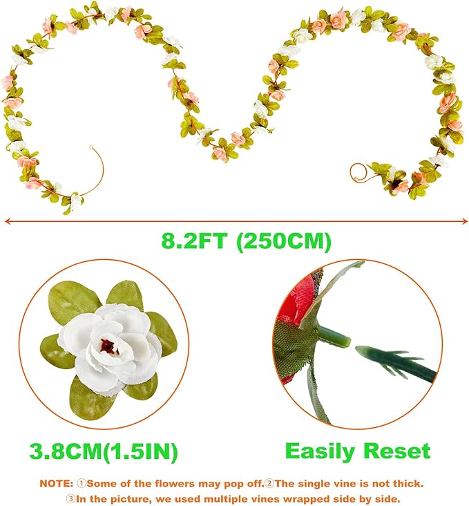 PONKING 8 Pcs x 8.2 ft Flower Garland Artificial Rose Vine Flowers with Green Leaves Hanging Fake Roses Vine for Room Party Home Wedding Birthday Christmas Wall Arch Decor, Spring Red Flower