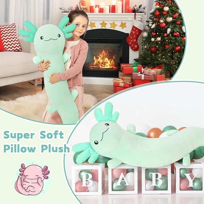 MaoGoLan Giant Axolotl Plush Stuffed Animal,Big Axolotl Plush Pillow Toy for Kids Girl Boy,Jumbo Stuffed Salamander Body Pillow Toy Glow in The Dark, Birthday Easter Gift Baby Shower Party Decor Green