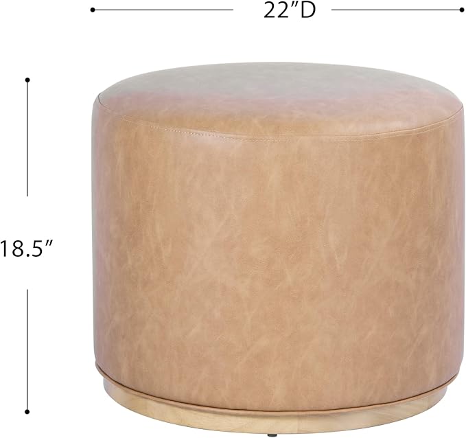 Spatial Order 22" Round Ottoman with Wooden Base - Sand Faux Leather