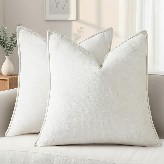 decorUhome Summer Couch Throw Pillow Covers 16x16 Set of 2, Decorative Soft Velvet Modern Cozy Chenille Pillow Cases with Elegant Design for Sofa Bed Living Room Home Decor, Cream White
