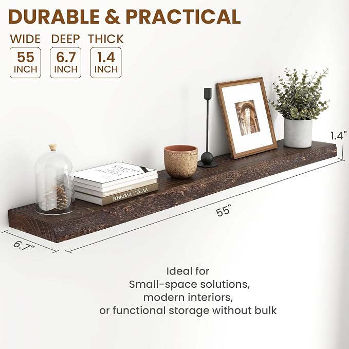 55 Inch Long Floating Shelves for Wall, Live Edge Floating Shelf Wall-Mounted for Bedroom Kitchen Living Room, Real Solid Elm Wood Wall Shelf with Heavy-Duty Bracket for Books Decor Storage, Walnut