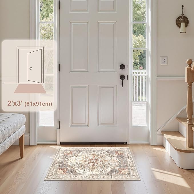 Tortania Area Rug 2x3 Doormat - Washable Vintage Oriental Farmhouse Soft Thin Indoor Carpet for Living Room Bedroom Hallway Entryway Kitchen - Orange Multi