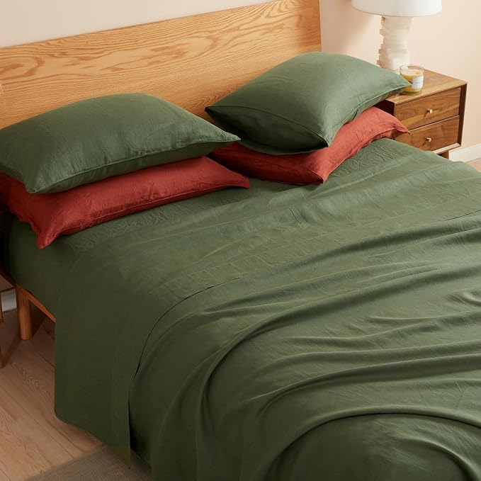 DAPU 100% Linen Pillowcases 20x30 Inches Pillow Cases (Pack of 2) with Envelope Closure, Stone Washed Breathable and Cooling (Olive Green, Queen)