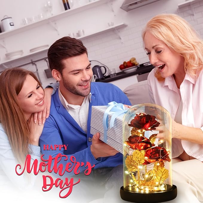 Valentine's Day Gifts for her, Eternal Rose in Glass Dome - Beauty and The Beast Inspired Keepsake, Gifts for Mom/Wife/Grandma, Preserved Roses with LED Light for Birthday/Anniversary