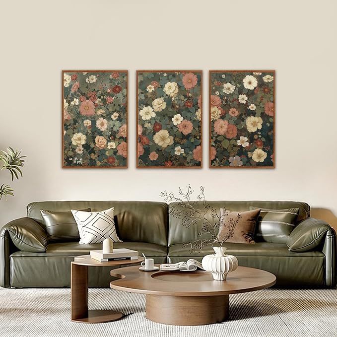 LHIUEM Vintage Blossom Flower Framed Canvas Wall Art Set,Nature Wildflowers Botanical Wall Decor,Retro Boho Floral Artwork for Living Room,Bedroom,Dining Room,Office-24 x36 x3
