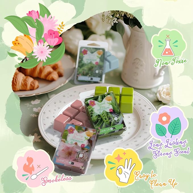 Spring Scented Wax Melts, Soy Wax Cubes Gift Set, Strong Fragrance Wax Tarts for Wax Warmer, Cherry Blossom, Jasmine, Freesia, Sweet Pea, Spring Rain, Fresh Cut Grass, Bamboo, Rose Geranium