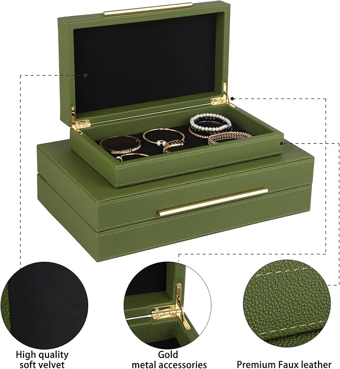 HofferRuffer Faux Leather Decorative Boxes Set of 2, Large Nesting Keepsake Box Accessory Organizer Jewelry Organizer with Hinged Lid, Stacking Storage Box Container for Home or Office (Green)