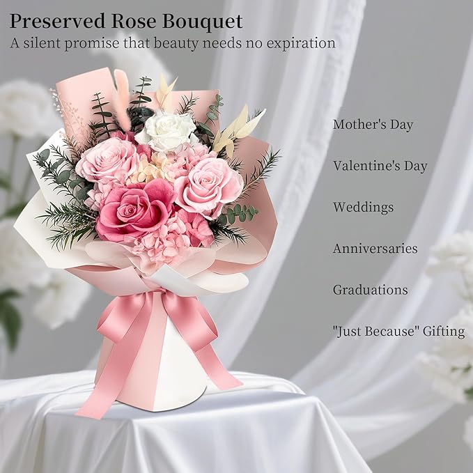FNCHAI Flowers for Delivery Preserved Roses Bouquet Real Pink Forever Rose in Box Birthday Gifts for Women Wife Mother Day Anniversary Graduation (Pink)