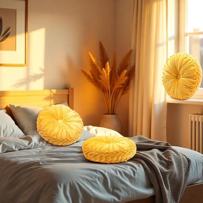 Beeveer 4 Pcs Round Throw Pillows 15 Inch Decorative Velvet Pleated Pumpkin Pillows Boho Floor Pillow with Center Button for Living Room Couch Chair Bed Sofa Home Decoration (Yellow)