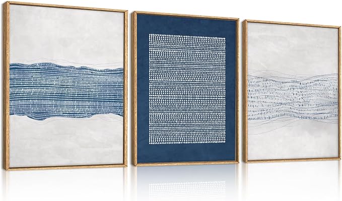 Large Abstract Navy Blue and White Framed Canvas Wall Art Set,Modern Neutral Geometric Waves Lines Dots Wall Decor,Mid Century Minimalist Boho Artwork for Living Room,Bedroom,Office- 12"x16"x3