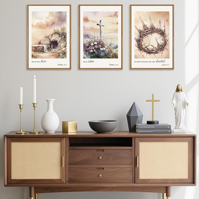 Vintage Christian Cross Framed Wall Art Set, Jesus Empty Tomb Canvas Wall Decor, Religious Bible Painting, Jesus Crucifixion Risen Easter Artwork for Living Room, Bedroom, Church -16''X24''X3