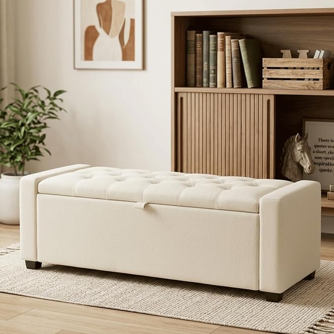 47" Beige Storage Ottoman, Multi-Functional Shoe Bench Seat for Living | Versatile design works as a coffee table or footstool; easy assembly, sturdy structure, and comfortable padded cushion.