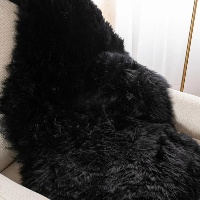 Woolous Black Sheepskin Rug 2x6 ft Genuine Double Pelt Plush Fur Runner Rug | Real double pelt sheep skin runner rug, soft black plush rug and fur carpet for bedroom, living room, nursery and floor decor