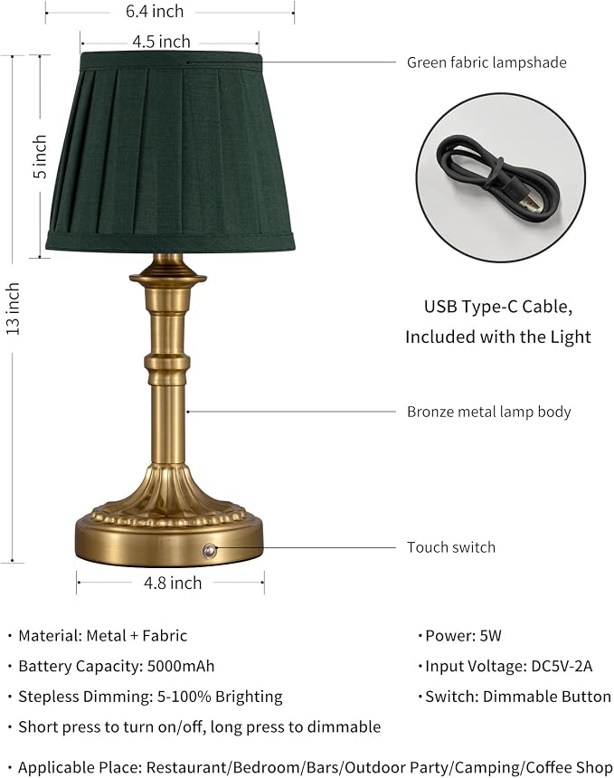 KDG Gold Cordless Table Lamps Set of 2, Green Fabric Shade Small Desk Lamp | Portables, 5000mAh Battery Powered, LED Lighting, 2700K Stepless Dimmable, Light for Living Room, Dining Room, Bedroom