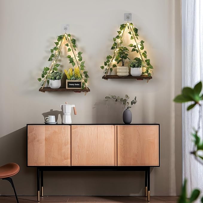 EXIN DECHEN Floating Shelves for Wall No Drilling,Wall Shelves,Hanging Shelf,Leaves and Light Strip with Flower,Set of 2 Plant Decor for Home Livingroom Bedroom,Led Room Decor Aesthetic,Gift