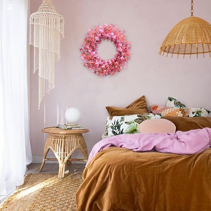 Bibelot 22inch Artificial Forsythia Flower Wreath Spring Summer Fall Wreath Silk Leaves for Front Door Decoration Porch Farmhouse Patio Garden Home Decor (Pink)