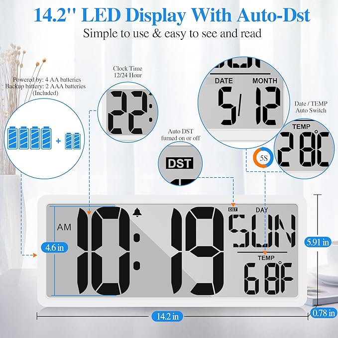 TXL Large Digital Wall Clock with Backlight, 14.2" Battery Operated Alarm Clock with Day, Date & Temperature, Jumbo Display Digital Count Up Down Timer Clock for Seniors, Home, Bedroom Office