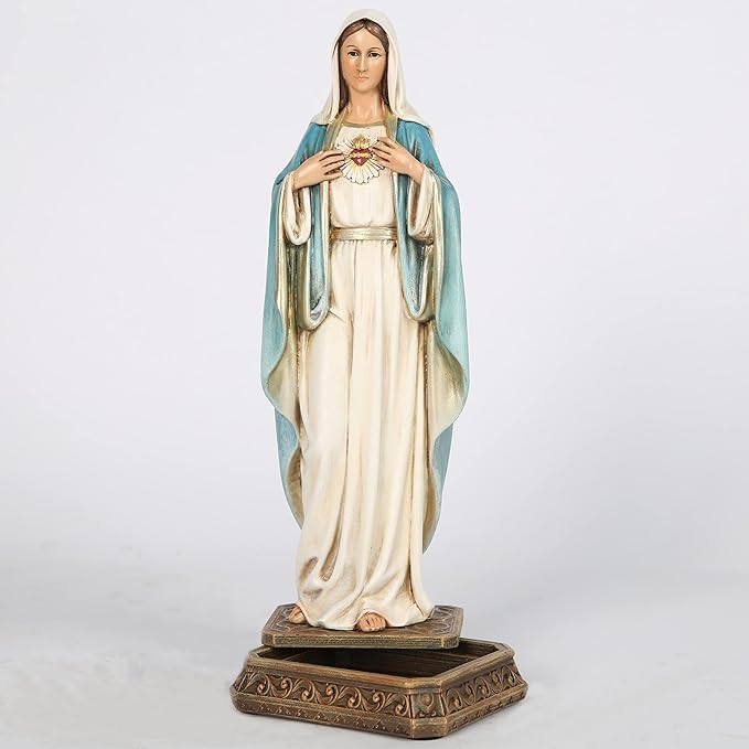 BC Catholic Immaculate Heart Mary Statue, 10" H Blessed Virgin Mary Figure for Altar, Holy Mother with Rosary Holder for Prayer Note, Religious Gift to Mon, Catholic Decor, Handmade by Buildclassic