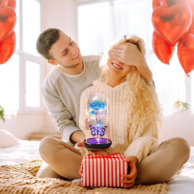 Mothers Day Mom Gifts for Mom Birthday Gift for Women Galaxy Glass Rose in Glass Dome Forever Eternal Crystal Flower with Butterfly Mother's Day Flowers Gifts for Wife Daughter Grandma Sister Blue