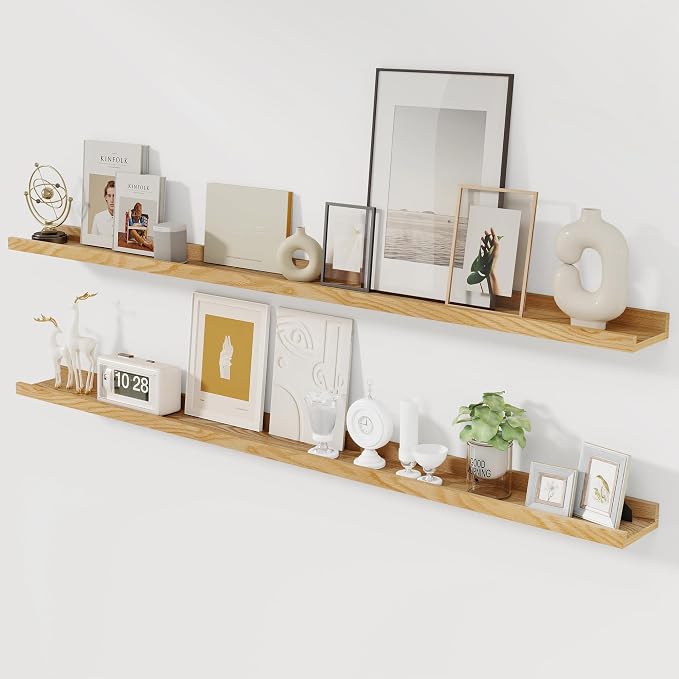 Acovy Solid Ash Wood Picture Ledge Shelf, 56 Inch, Natural, Set of 2 | Floating Shelves, Wall Mounted, For Living Room Bedroom Kitchen Nursery, Large Ledge Shelves