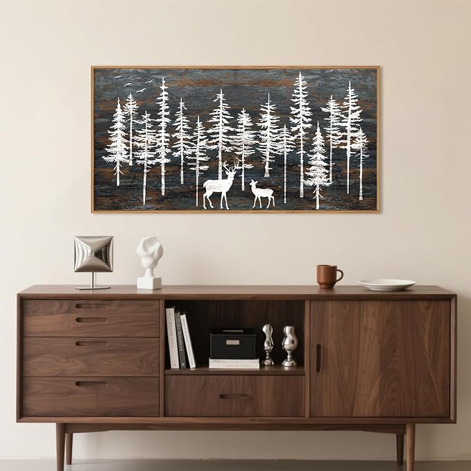 Modern White Forest Framed Canvas Wall Art Set, Minimalist Woodland Art Painting, Retro Tree Landscape Wall Decor, Wildland Deer Artwork for Living Room, Dining Room, Office-20 x40