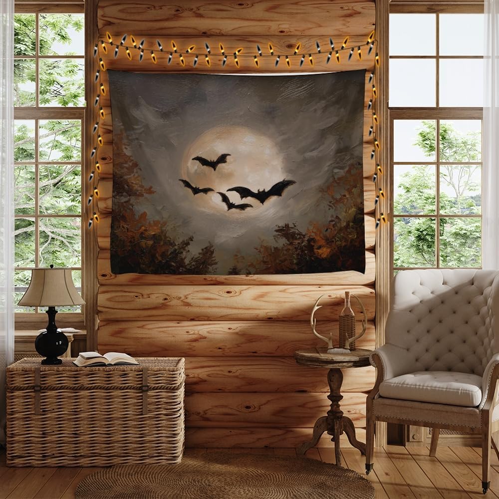 Spooky Halloween Bats Dark Academia Full Moon Autumn Leaves Wall Hanging Vintage Haunted Home Artwork Gothic Witchy Ghost Tapestries for bedroom Living Room Decor 40x60inch