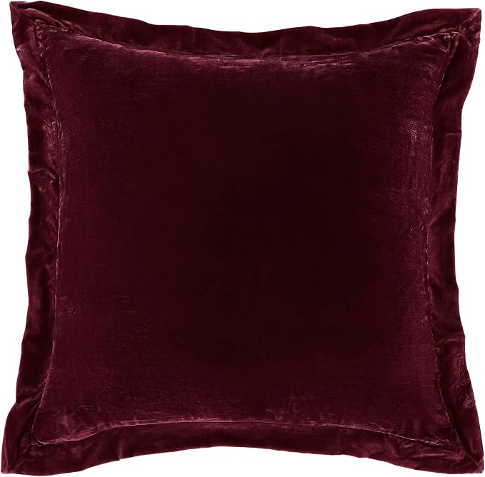 HiEnd Accents Stella Faux Silk Velvet Flanged Euro Sham Pillow Cover, 27x27 inch, Garnet Red, Romantic Western Modern Traditional Style Luxury Bedding