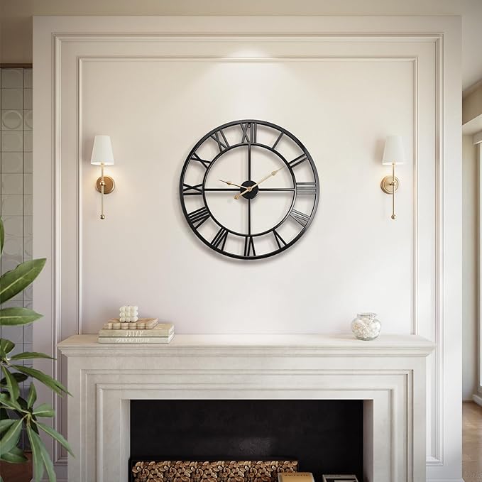 Vantic 24 Inch Large Wall Clock, Roman Numeral Metal Oversized Wall Clocks for Living Room Decor, Bedroom and Kitchen, Completely Silent, Non Ticking, Battery Operated