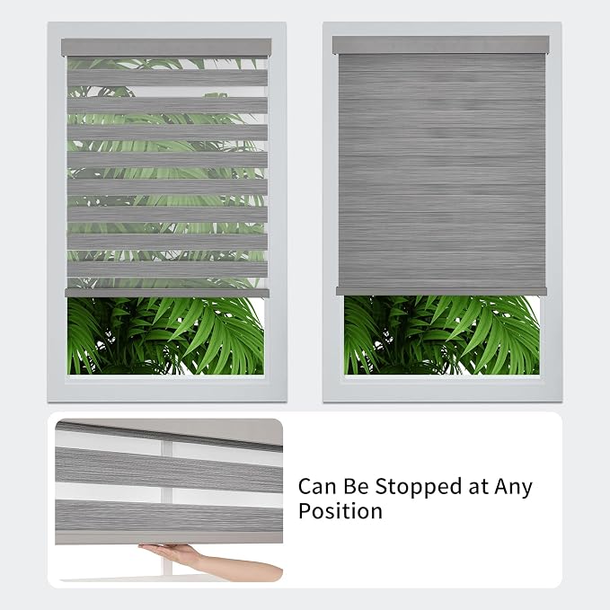 Joydeco Cordless Zebra Blinds (Pro), Dual Layer Light Control Zebra Blinds for Windows, Light-Proof Aluminum Cover, Free-Stop Roller Shades for Home & Office (Gray, 31" W x 75" H)