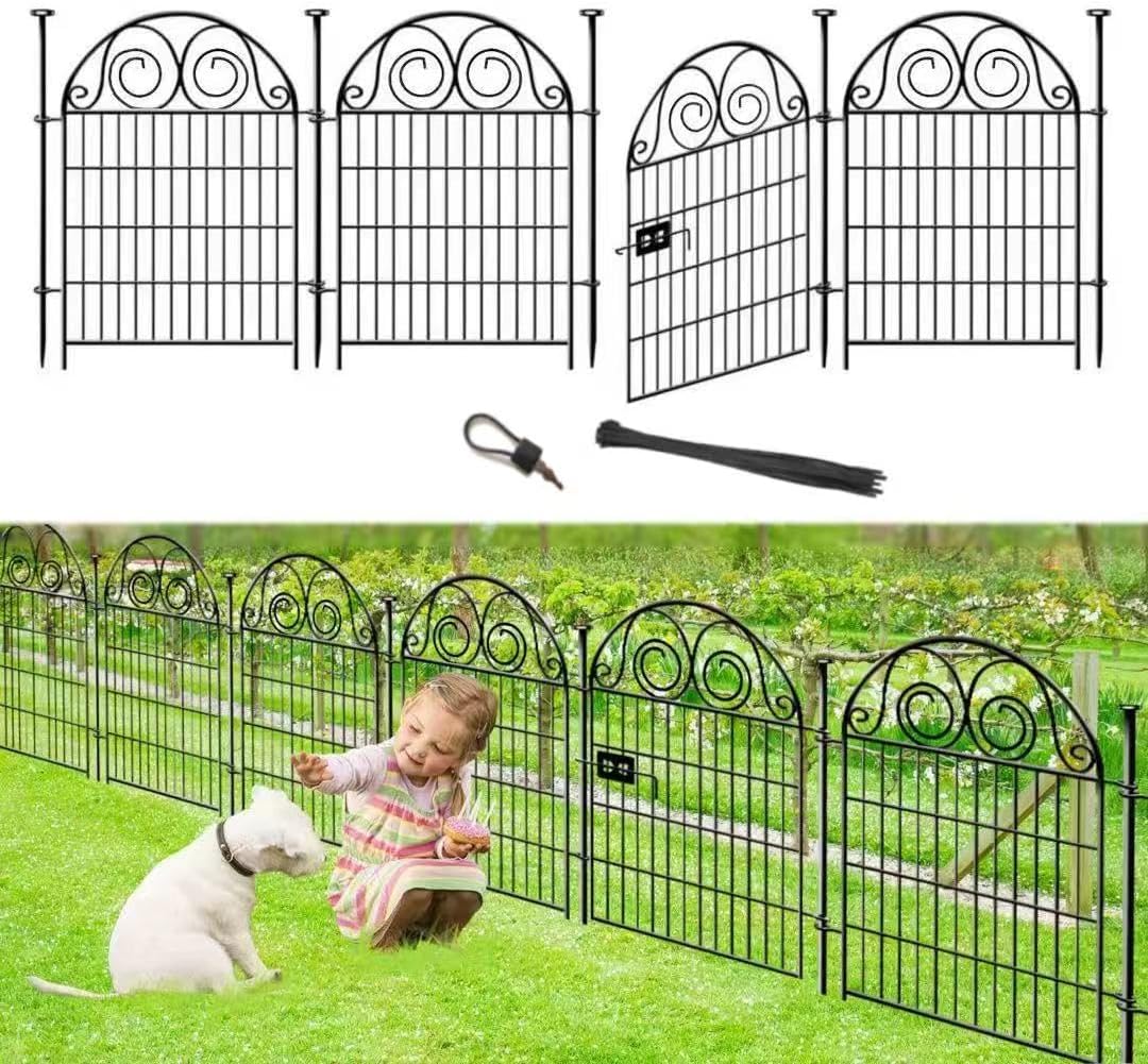 Dog Fence Outdoor for Yard, 32 in(H)×8.8 Ft(L) 4 Panels Garden Fences with Gate, Black Metal No Dig Fence for Dogs, Reusable Defense Temporary Fencing│Patented