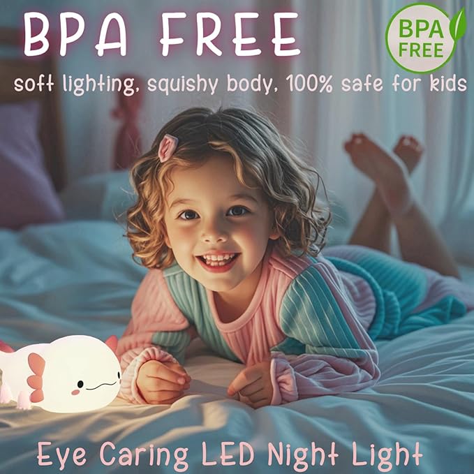 YR YRHH-PET Axolotl Night Light for Kids, Cute Squishy Rechargeable Axolotls Lamp, Unique White Pink Xmas Axolotl Gifts, Dimmable LED Silicone Nightlight, Baby Safe, Girls Room College Dorm Décor