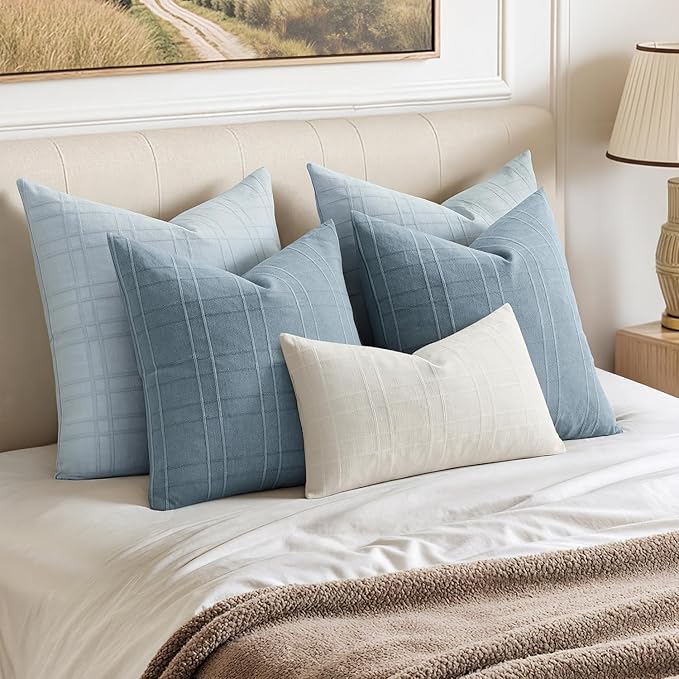 MIULEE Decorative Linen Check Throw Pillow Covers Neutral Farmhouse Vintage Pillow Covers 18x18 Set of 2 Boho Modern Home Decor for Sofa Couch Bedroom Cushion Coastal Blue