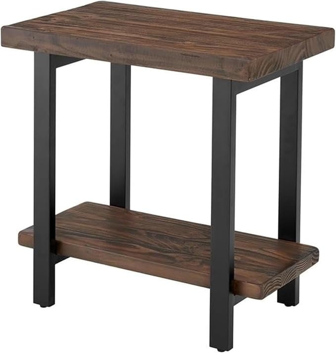 Alaterre Furniture Pomona Solid Wood 2-Tier End Table, Rustic Brown, 27” | Side Table or Nightstand with Storage Shelf and Metal Legs, Industrial Farmhouse Chair Side Table for Living Room or Bedroom