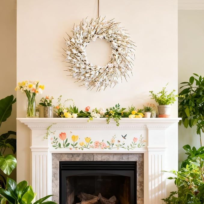 Bibelot 22inch Artificial Forsythia Flower Wreath Spring Summer Fall Wreath Silk Leaves for Front Door Decoration Porch Farmhouse Patio Garden Home Decor (White)