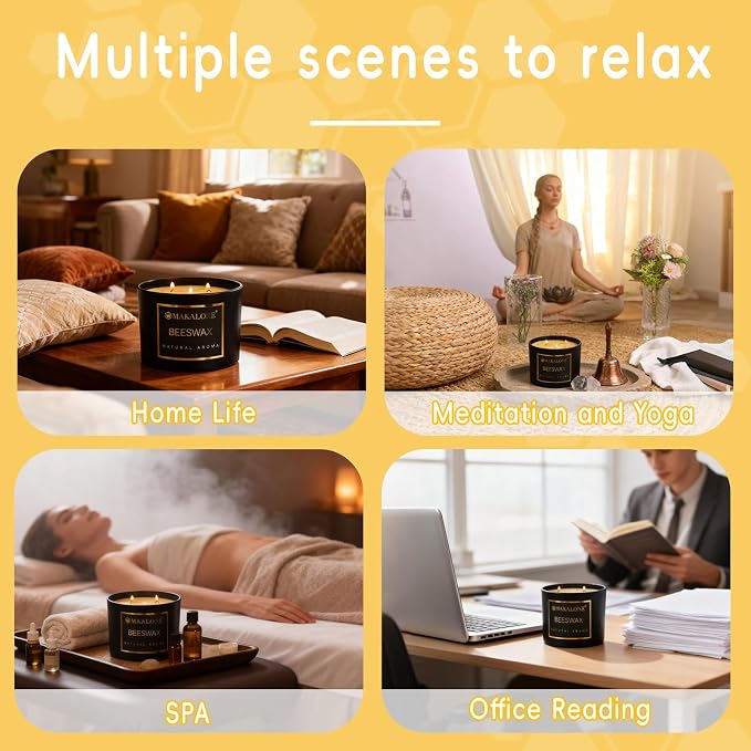 3 Wick Beeswax Jar Candle - 42 Hour Long Lasting Burn,Natural Air Purifying Candle,Non-Toxic,Smokeless Beeswax Candles in Glass Jar for Home Fragrance,Yoga Relaxation & Home Decor Ambience & Gift